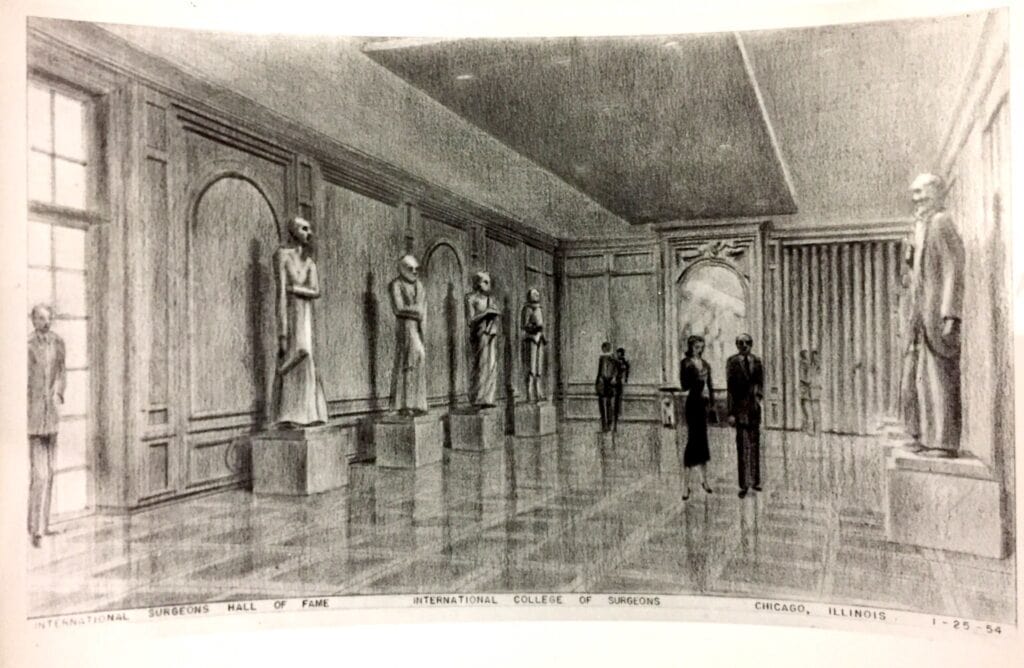 Sketch of a museum's exhibit hall featuring statues.